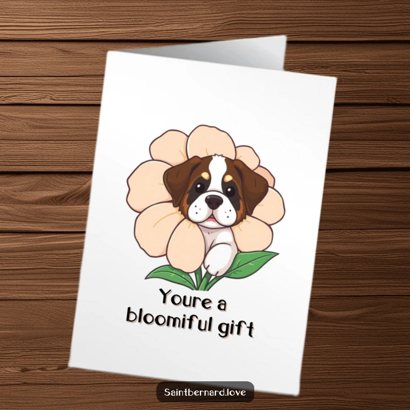 Funny Free Printable Thank You Card: A curious Saint Bernard dog peeks from behind a large, beautiful flower with a sweet expression.