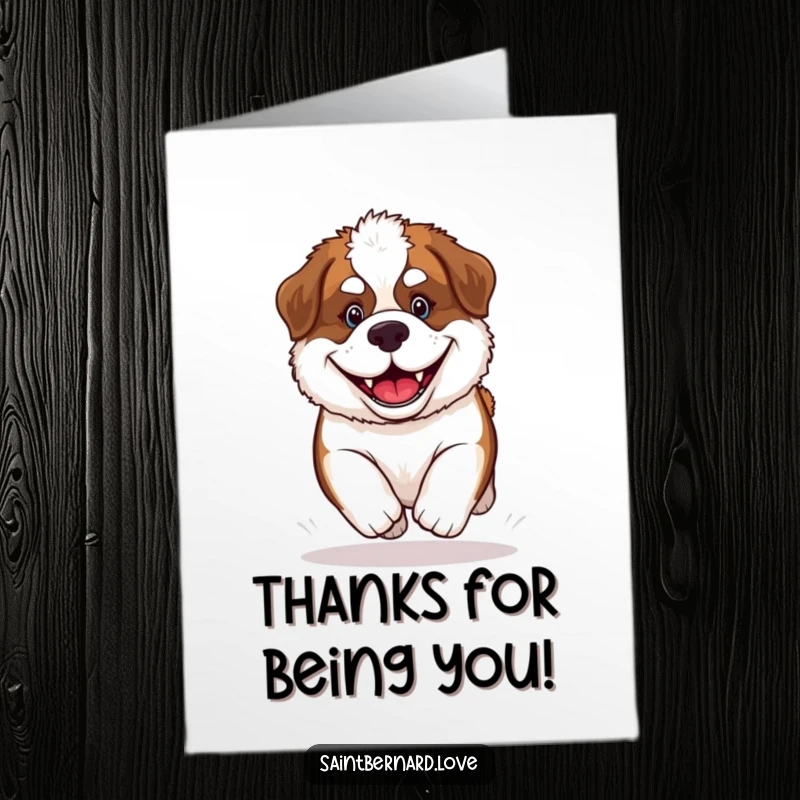 Funny Free Printable Thank You Card: A fluffy Saint Bernard puppy with a massive grin, racing to say thanks.