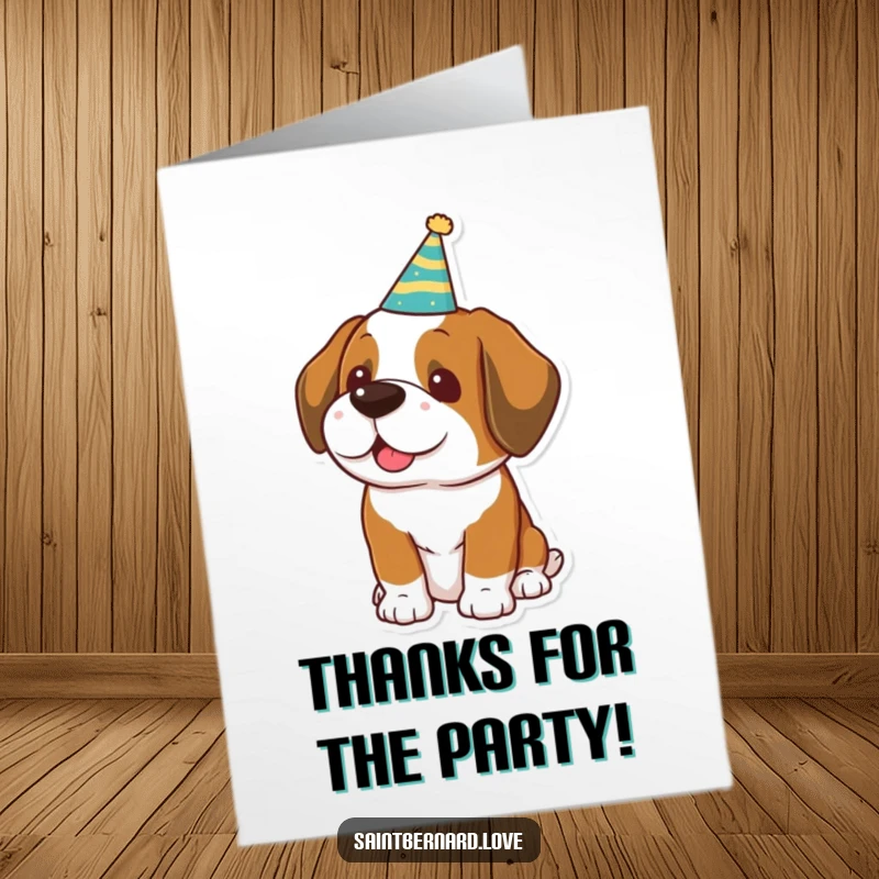 Funny Free Printable Thank You Card: A kawaii Saint Bernard in a party hat offers thanks with a grin.