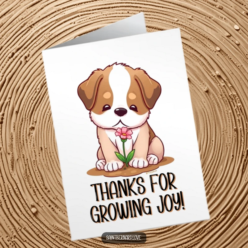 Funny Free Printable Thank You Card: A gentle Saint Bernard with a soft expression planting a tiny flower.