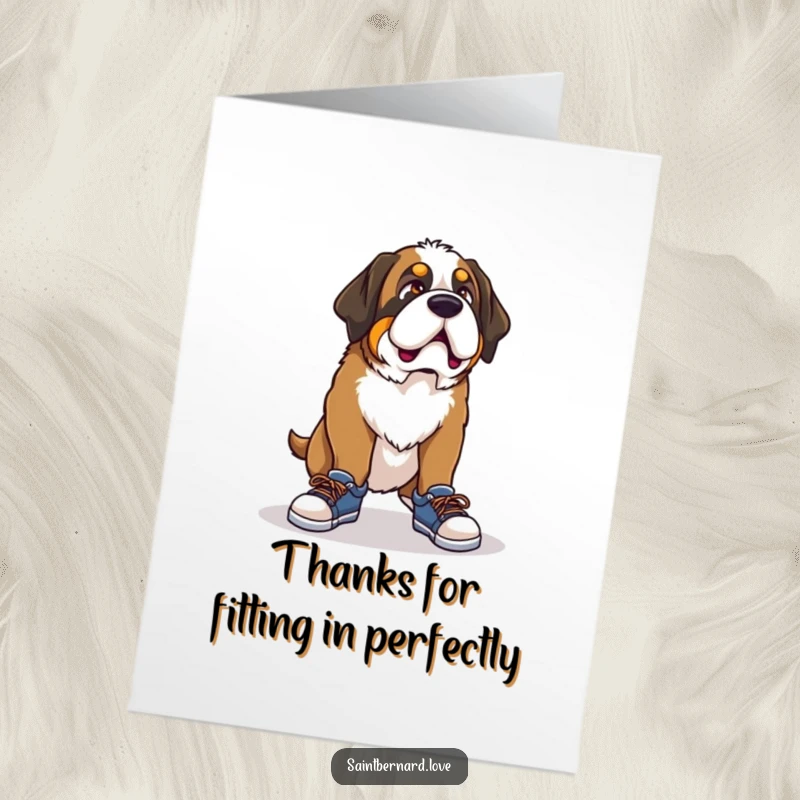 Funny Free Printable Thank You Card: A Saint Bernard sports a comical expression while attempting to wear tiny shoes, expressing thanks humorously.