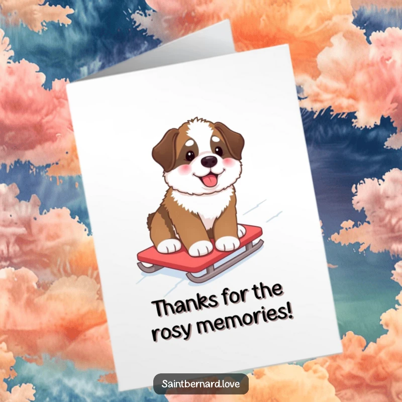 Funny Free Printable Thank You Card: A fluffy Saint Bernard pup with rosy cheeks slides down a snowy hill.
