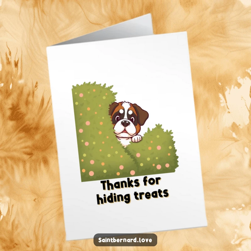 Funny Free Printable Thank You Card: Mischievous Saint Bernard peeks from behind a large bush, offering a funny thank you.