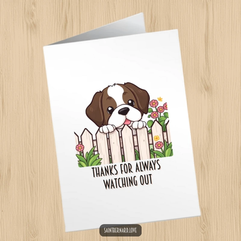 Funny Free Printable Thank You Card: A kawaii Saint Bernard peeks over a fence, offering warm, thankful eyes.
