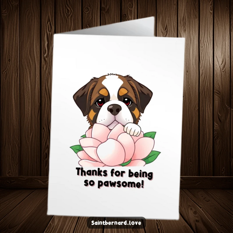 Funny Free Printable Thank You Card featuring a Saint Bernard dog peeking over an oversized flower, radiating gratitude and charm.