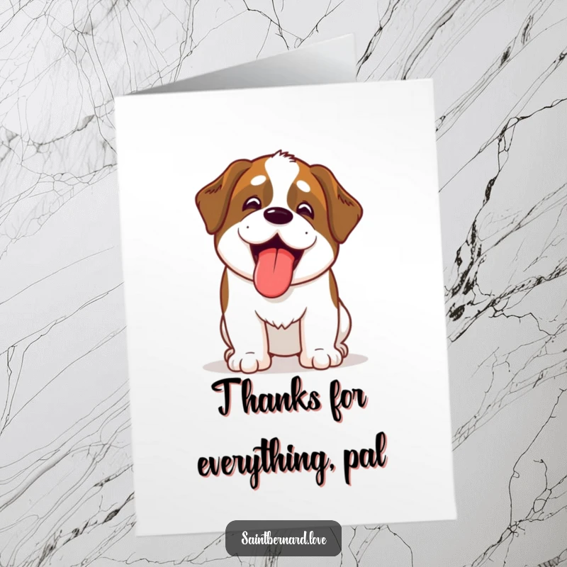 Funny Free Printable Thank You Card featuring an excited kawaii Saint Bernard panting enthusiastically, perfect for showing gratitude.