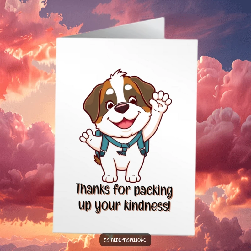 Funny Free Printable Thank You Card: Saint Bernard with backpack and silly grin waves, a thankful downloadable illustration.