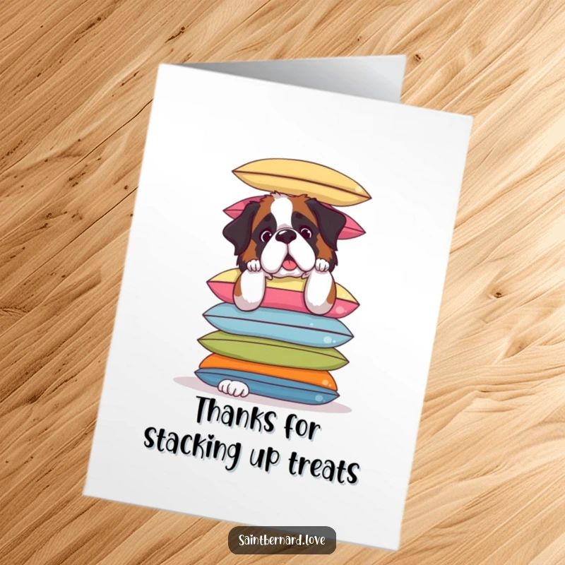 Funny Free Printable Thank You Card: Saint Bernard tries balancing colorful cushions precariously, a funny way to say thanks.