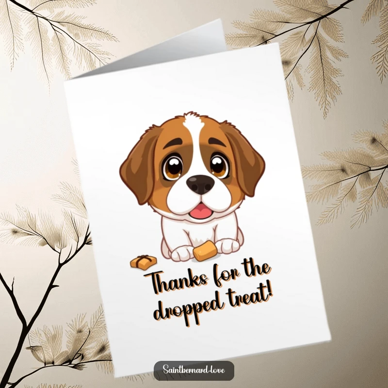 Funny Free Printable Thank You Card: A Saint Bernard dog with wide, hopeful eyes looking up at a dropped treat.