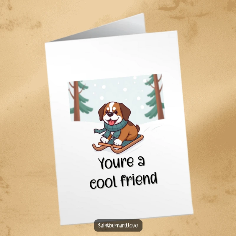 Funny Free Printable Thank You Card: A Saint Bernard dog in a scarf enjoys a sled ride down a snow-covered hill.
