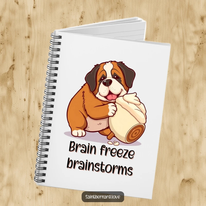 Funny Saint Bernard notebook with a dog nudging a giant rolling ice cream cone, perfect for jotting down ideas with a sweet and humorous twist.