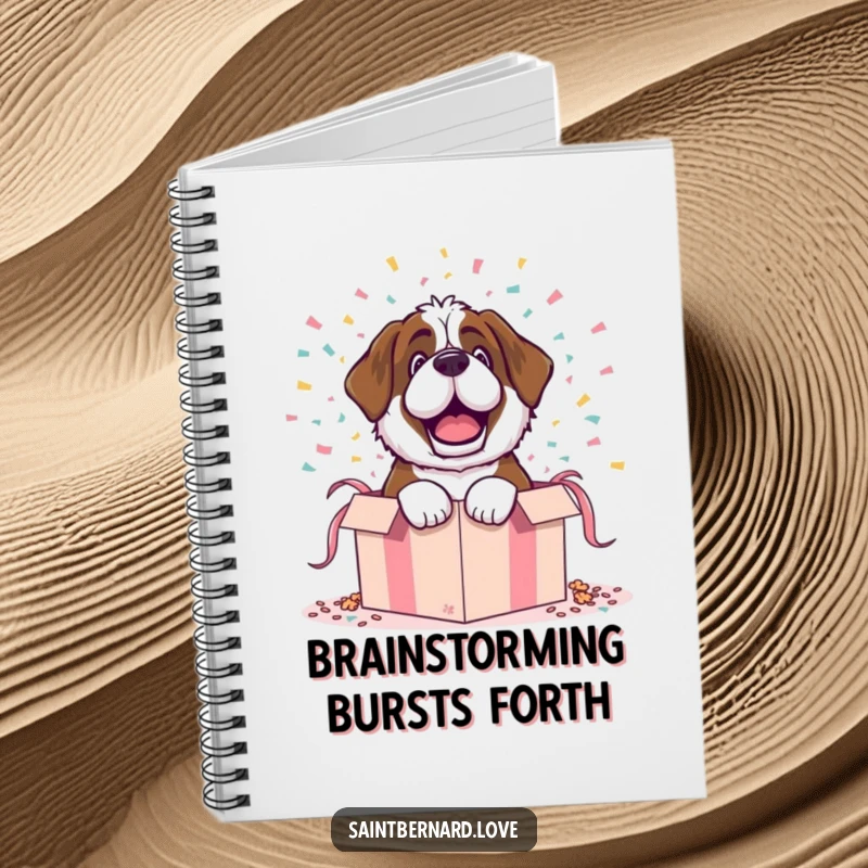 Funny notebook featuring a Saint Bernard character dramatically bursting out of a gift box with confetti, perfect for notes.