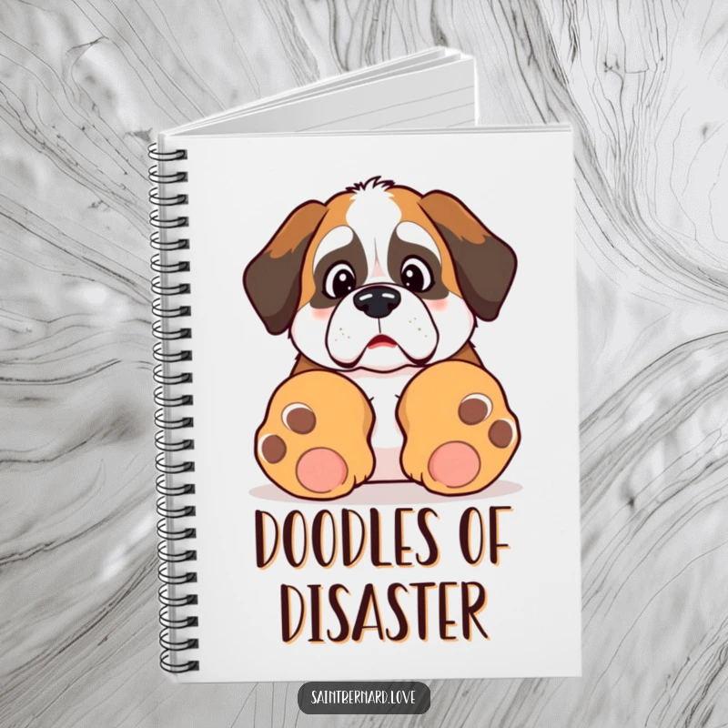 Funny Kawaii Saint Bernard notebook, featuring a surprised dog tripping over its giant paws, ideal for capturing surprising thoughts.