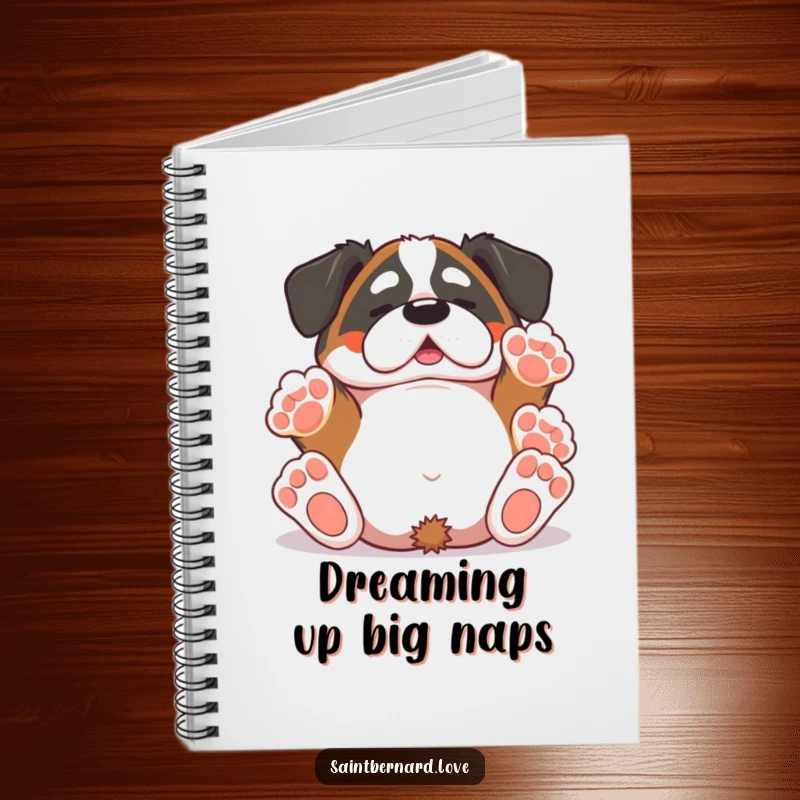 Funny Saint Bernard notebook cover with a kawaii dog rolling freely on its back, paws in the air, inspiring creativity and giggles.