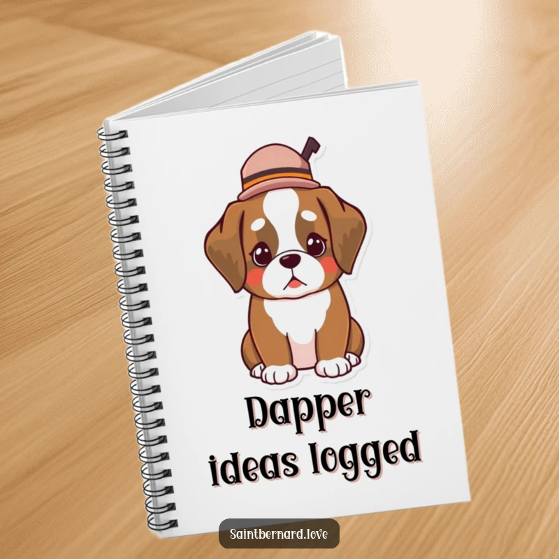 Funny Kawaii Saint Bernard notebook, featuring a dog wearing a small, tilted hat, ideal for jotting down stylish and dapper ideas.