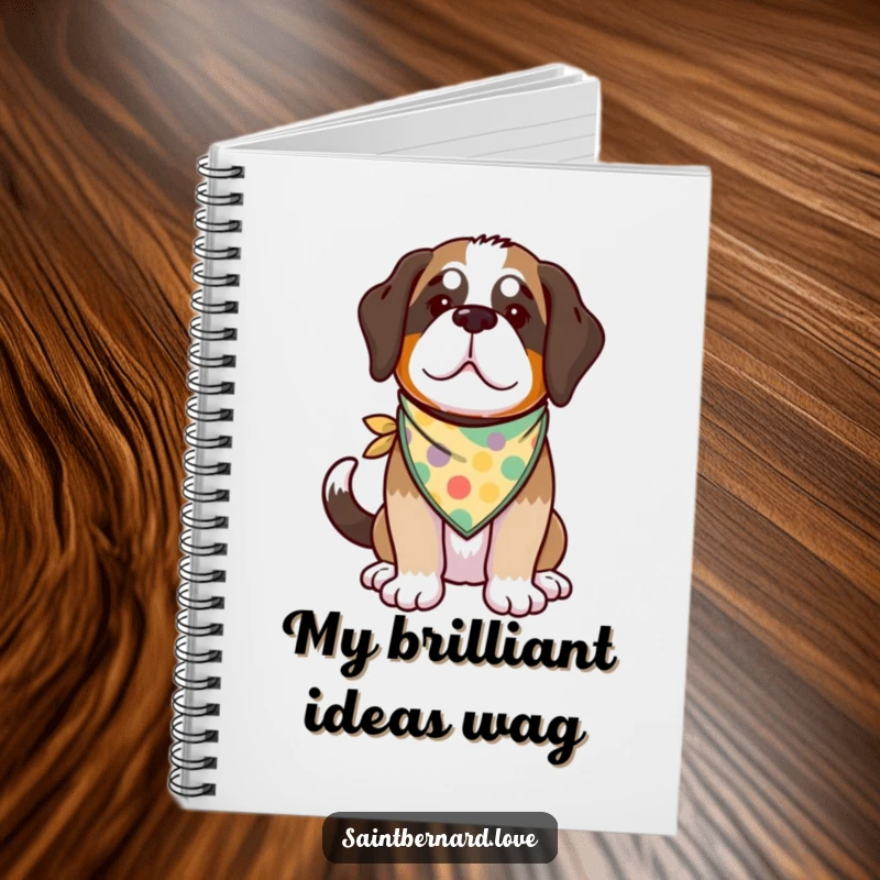Funny Kawaii Saint Bernard Notebook featuring a cute dog with a wagging tail and a colorful bandana, perfect for note-taking.