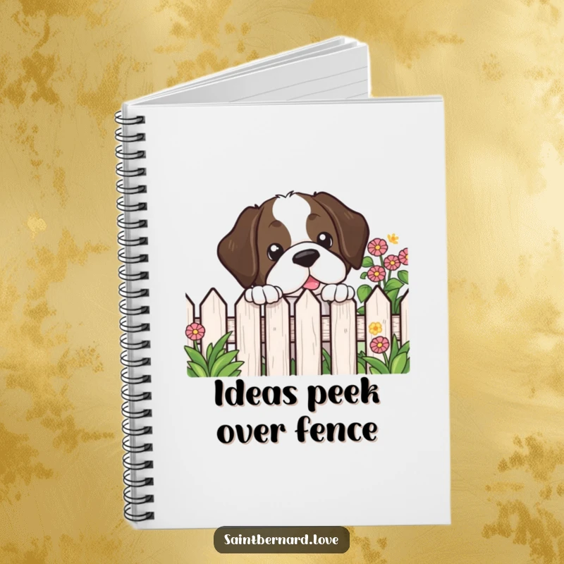 Funny Kawaii Saint Bernard Notebook featuring a cute dog peeking over a garden fence, perfect for jotting down notes and ideas.