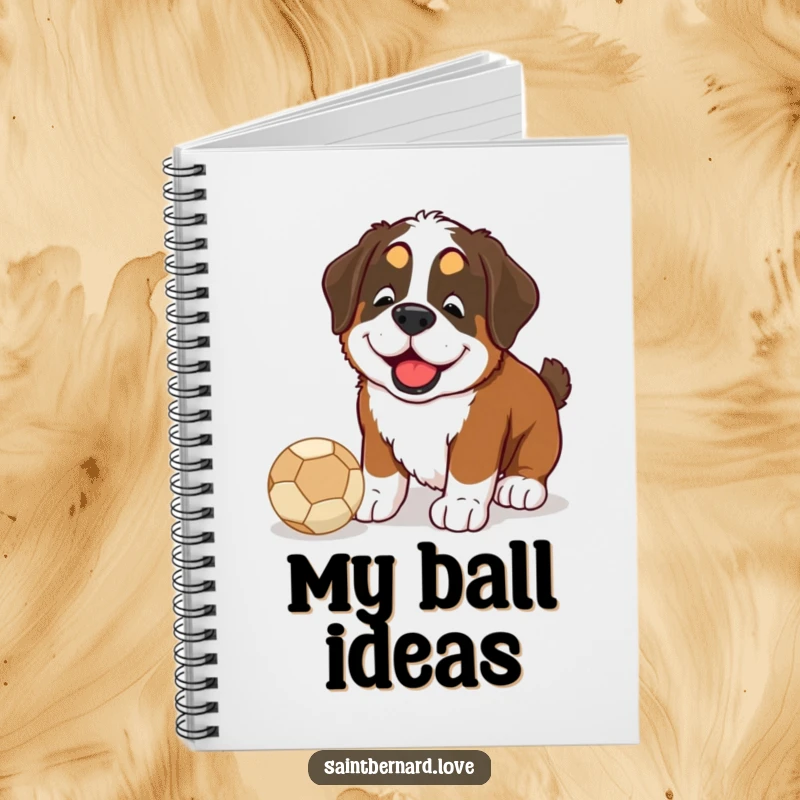 Funny Saint Bernard notebook cover featuring a happy dog nudging a ball with its nose, ideal for note-taking.