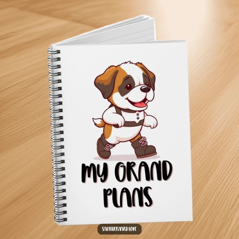 Funny Saint Bernard dog notebook, oversized boots, marching with purposeful glee, a delightful journal for jotting down notes with a touch of humor.