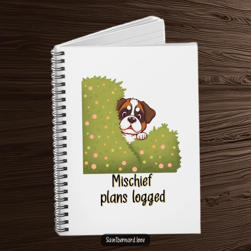 Funny Saint Bernard Notebook: Lined notebook featuring a Saint Bernard peeking mischievously from behind a bush, a humorous writing tool.