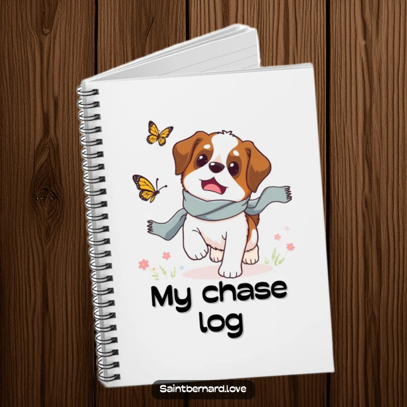 Funny Saint Bernard notebook, a dog in a scarf chasing a butterfly, stationery with whimsical canine charm.