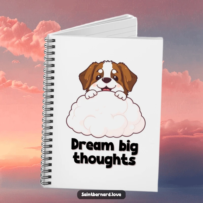 Funny Saint Bernard cloud notebook cover with a smiling dog peeking over a fluffy cloud, perfect for note-taking.