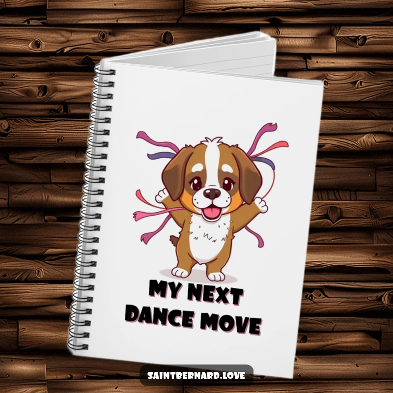 Funny Saint Bernard notebook with a dog dancing with streamers, perfect for jotting down ideas with a festive and humorous twist.