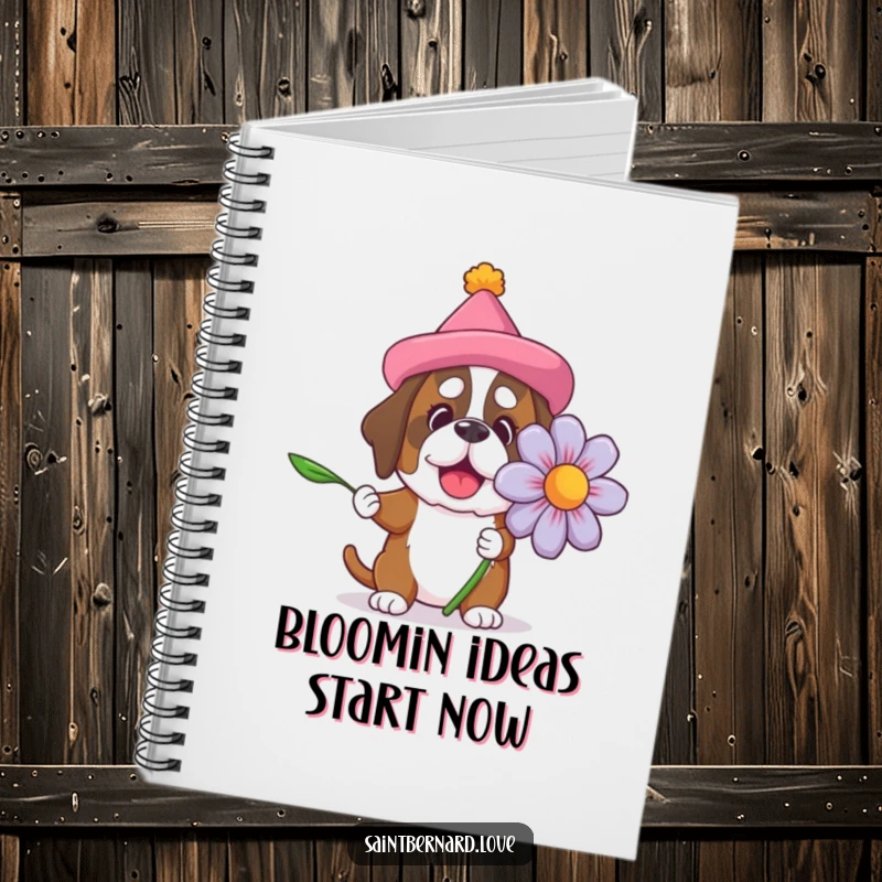 Funny Saint Bernard notebook with a dog in a silly hat offering a giant flower, perfect for capturing thoughts with canine charm and humor.