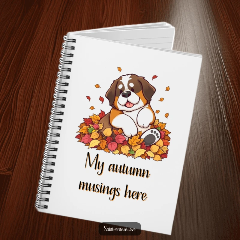 Funny Saint Bernard notebook featuring a large dog rolling in a pile of autumn leaves, ideal for jotting down seasonal thoughts.