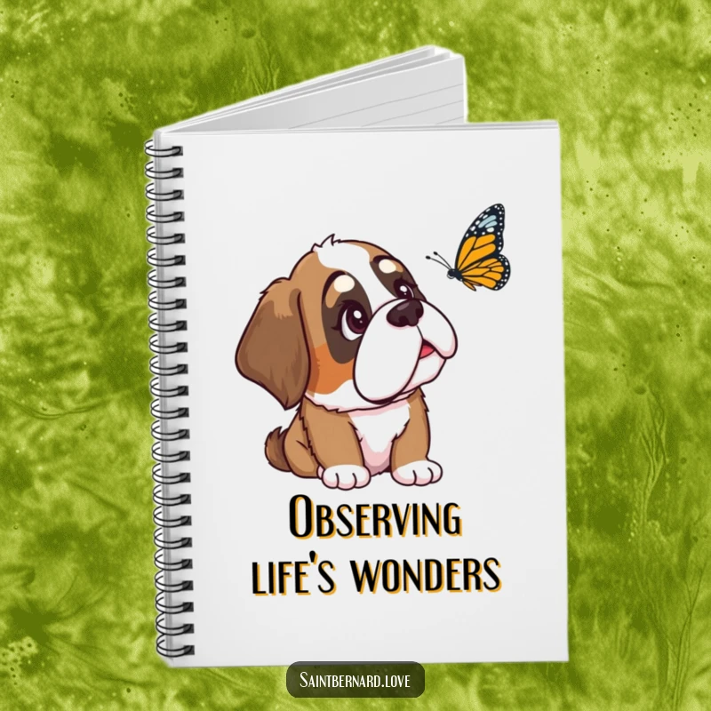 Funny Saint Bernard notebook featuring a loyal dog with a relaxed ear, curiously observing a butterfly, perfect for writing and sketching inspired thoughts.