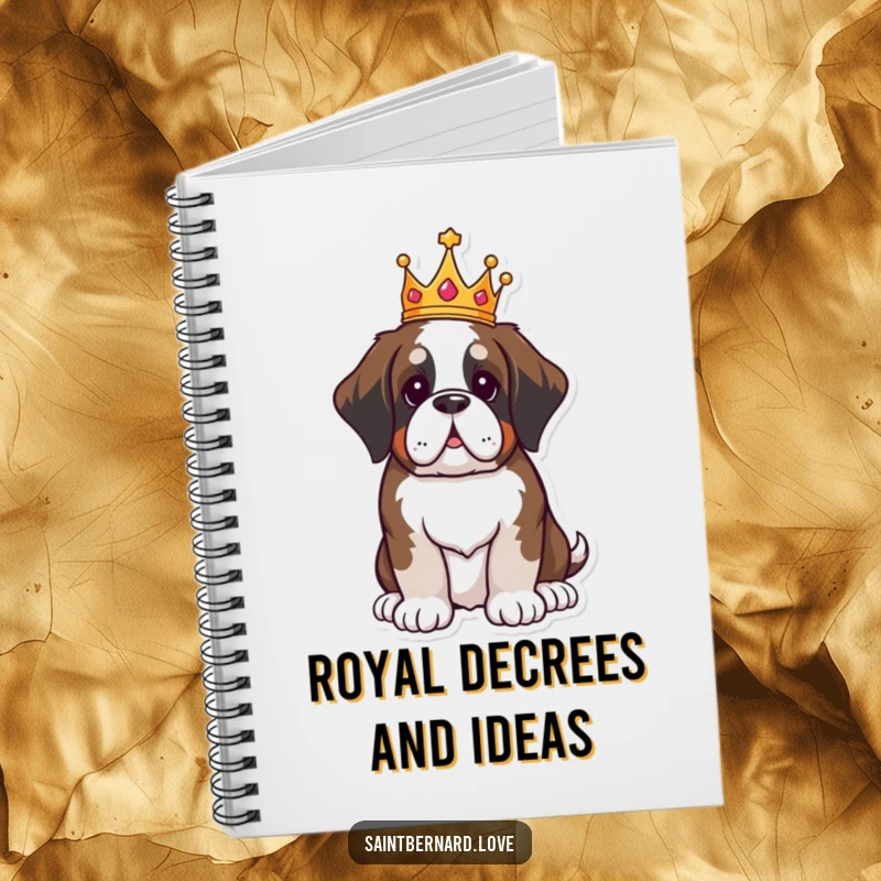 Funny Saint Bernard notebook, kawaii dog wearing crown sitting proudly, royal humorous journal, perfect for notes and ideas, ideal funny gift for writers.