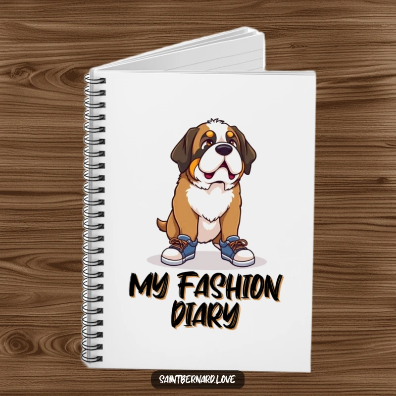Funny Saint Bernard notebook, a journal depicting a dog with a comical look trying to fit into tiny shoes, encouraging playful note-taking.