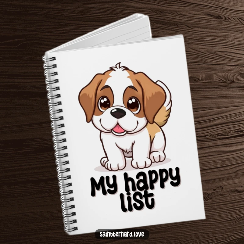 Funny Saint Bernard notebook, a happy dog with large shining eyes wagging its tail, stationery with canine charm.