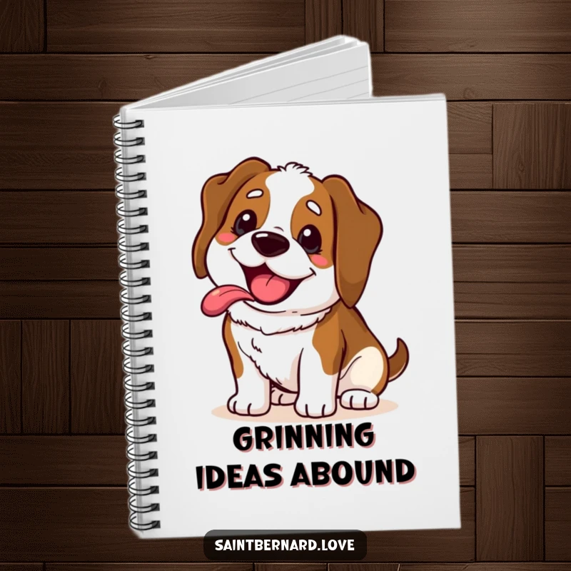 Funny Saint Bernard notebook cover with a kawaii dog sporting a wide, happy, panting grin, inspiring cheerful notes and doodles.