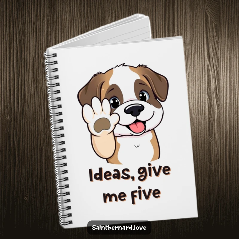 Funny Saint Bernard notebook cover with a kawaii dog holding out its paw for a high-five, inspiring users to celebrate their achievements.