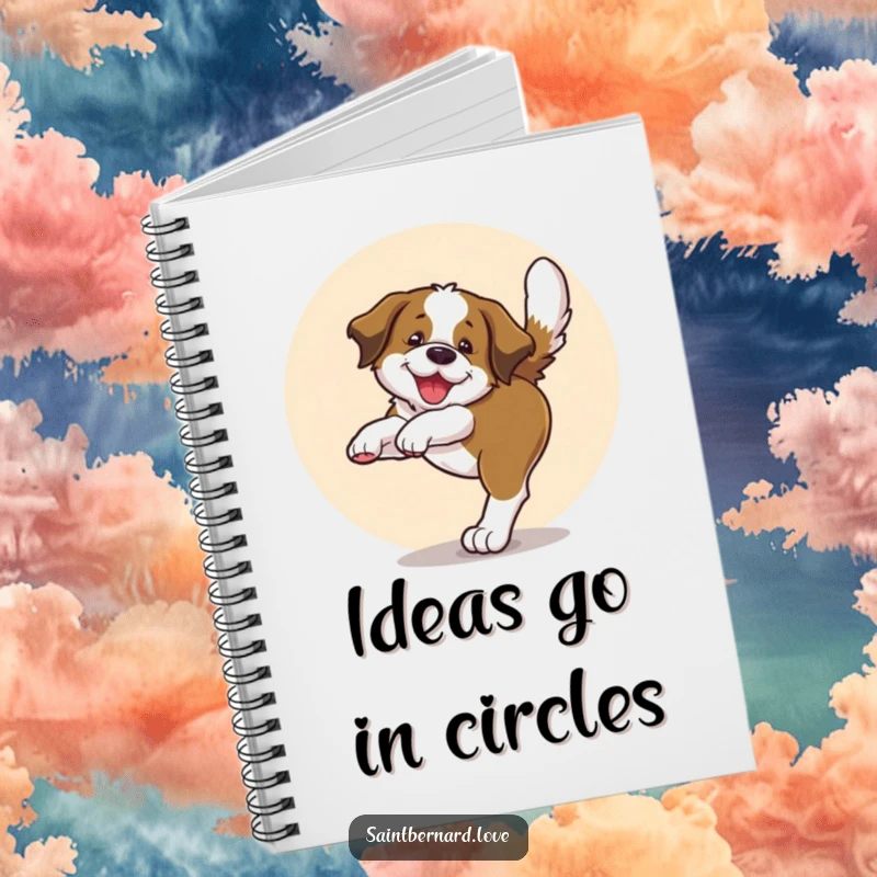 Funny notebook featuring a Saint Bernard pup joyfully chasing its tail in a circular pattern, perfect for notes.