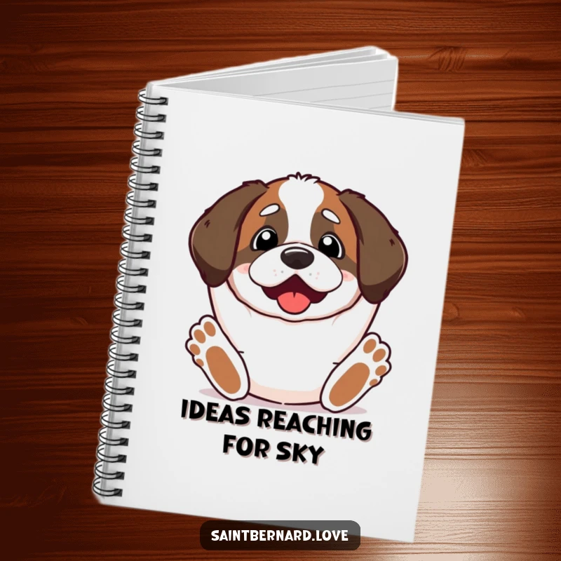 Funny Kawaii Saint Bernard Notebook featuring a cute dog with paws stretched upwards, looking excited, perfect for jotting down ideas.