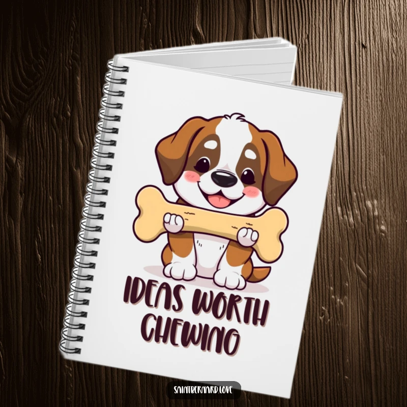 Funny Saint Bernard notebook with a smiling Kawaii dog offering a huge bone, ideal for jotting down kind ideas. A humorous stationery item.