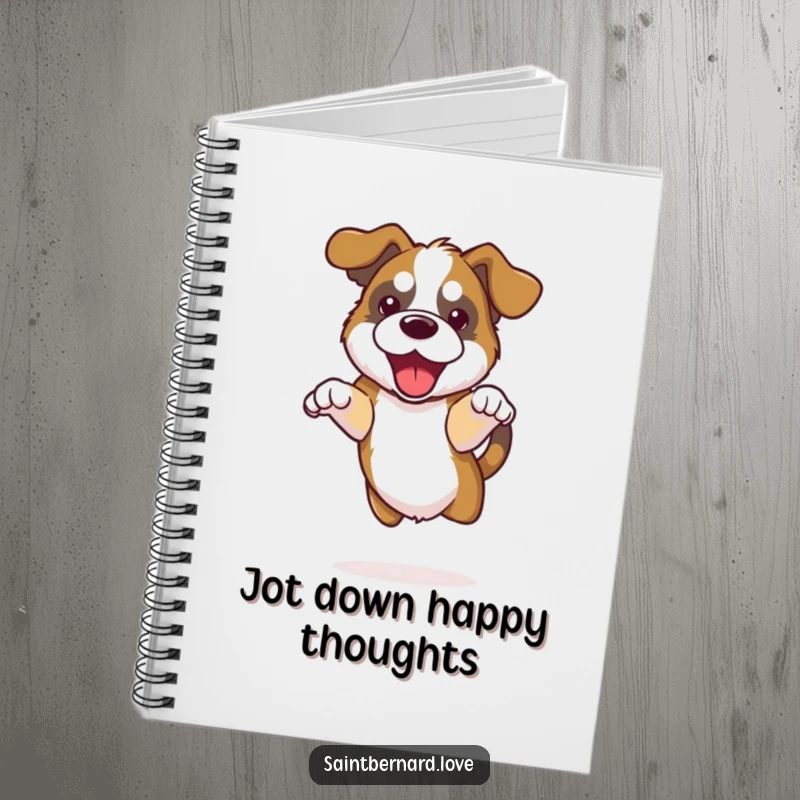 Funny Kawaii Saint Bernard Notebook featuring a cute dog with floppy ears doing a happy jump, perfect for jotting down ideas.