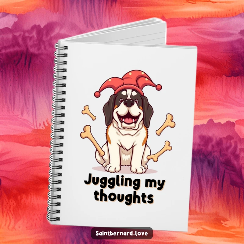 Funny Saint Bernard notebook with a giant dog in a jester hat, juggling big bones, designed for capturing notes and ideas with humor.
