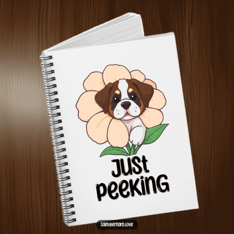 Funny Saint Bernard Notebook cover featuring a curious dog peeking from behind a large flower.