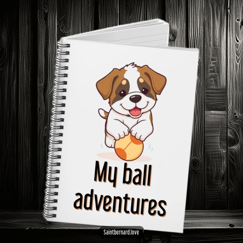 Funny Saint Bernard Puppy Notebook: A lined notebook featuring a Saint Bernard puppy with large, floppy ears enthusiastically chasing a bright ball.