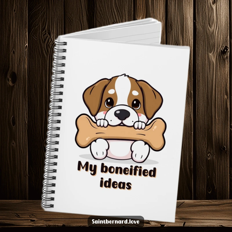 Funny Saint Bernard notebook cover with a kawaii dog peeking from behind a large bone, inspiring creative ideas with its playful gaze.
