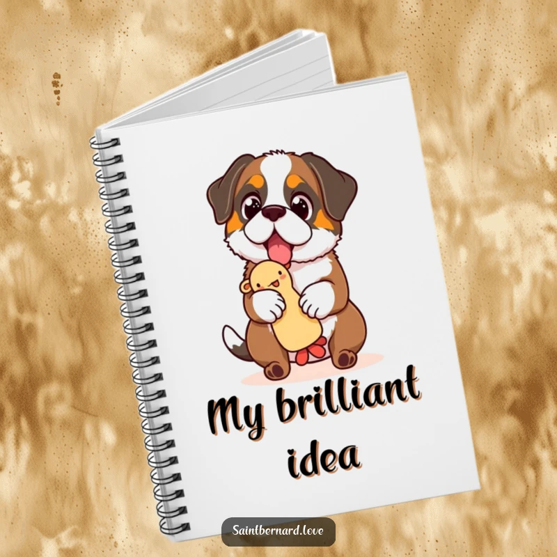 Funny Saint Bernard notebook, a journal featuring a dog with sparkling eyes, focused on balancing a squeaky toy, encouraging playful note-taking.