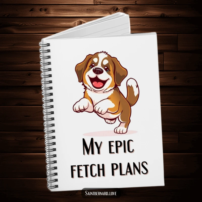 Funny Saint Bernard notebook cover featuring a dog with a wagging tail enthusiastically playing fetch, inspiring playful note-taking.