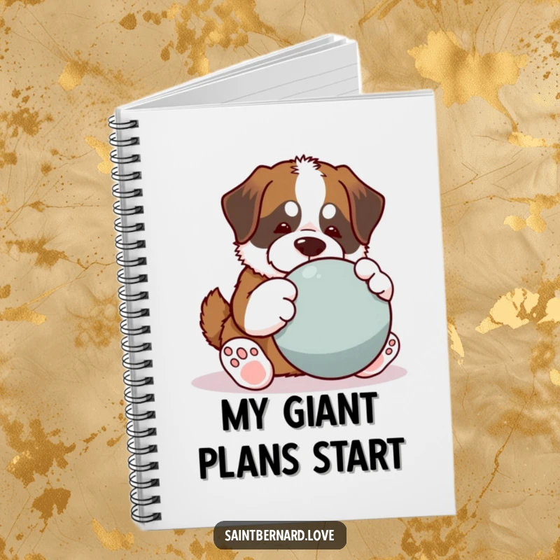 Funny Saint Bernard notebook, kawaii dog with big paws playing large ball, playful humorous journal, perfect for notes and doodles, ideal funny gift for writers.