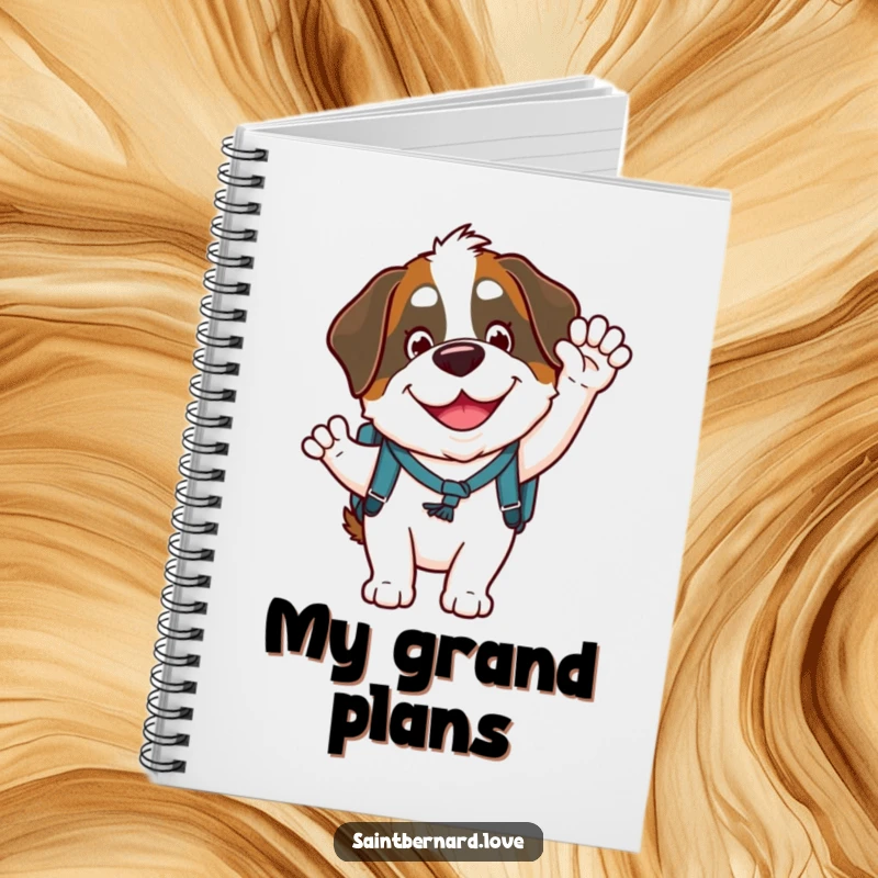 Funny Saint Bernard notebook featuring a goofy character with a small backpack, waving joyfully with a big smile, perfect for writing and drawing.