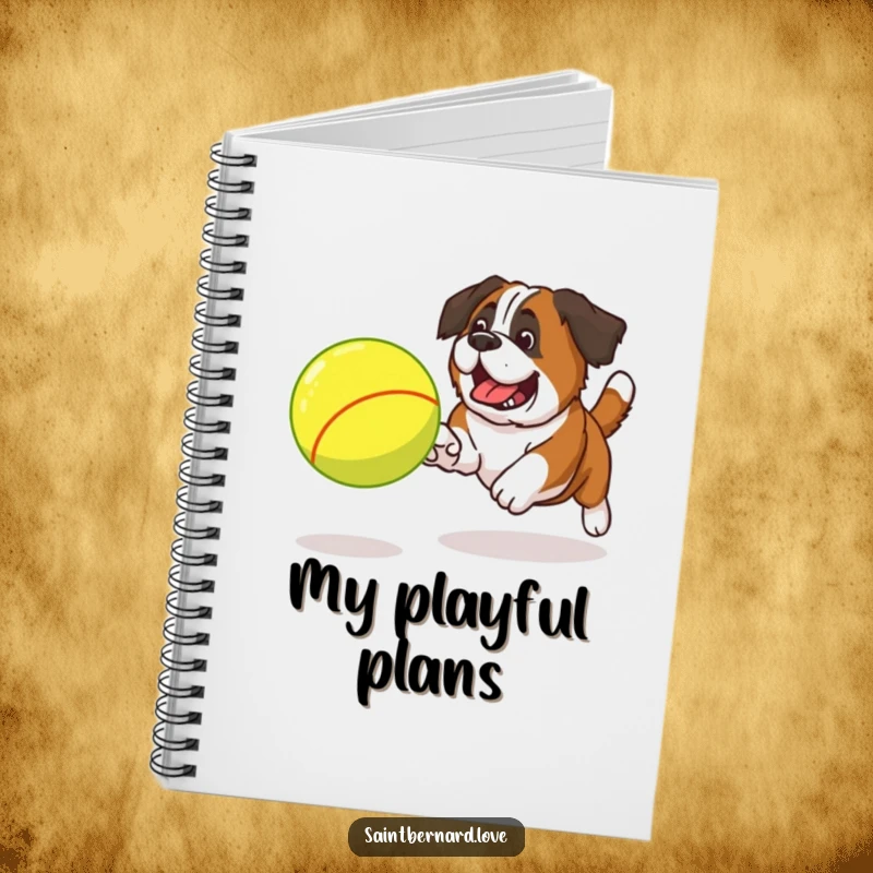 Funny Saint Bernard tennis ball notebook cover with a dog excitedly chasing a large ball, perfect for note-taking.