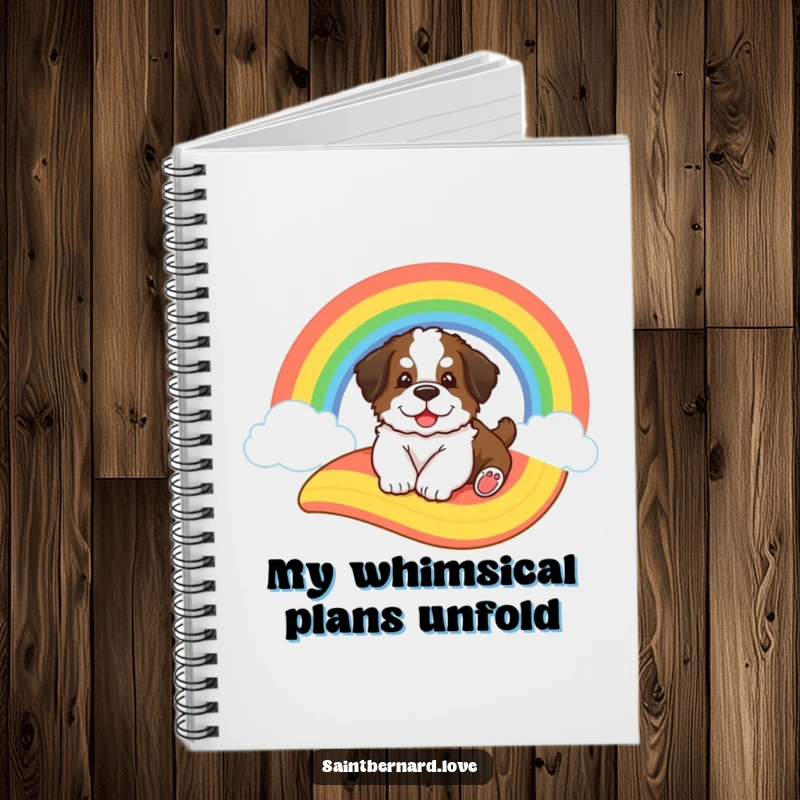 Funny Saint Bernard notebook cover, showing a big fluffy puppy sliding down a cartoon rainbow, inspiring happy thoughts and creative ideas.
