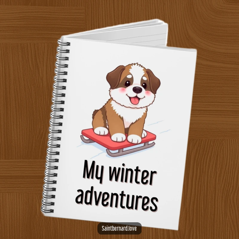 Funny Notebook with a fluffy Saint Bernard pup with rosy cheeks, sledding down a snowy hill, perfect for jotting down notes with humor.